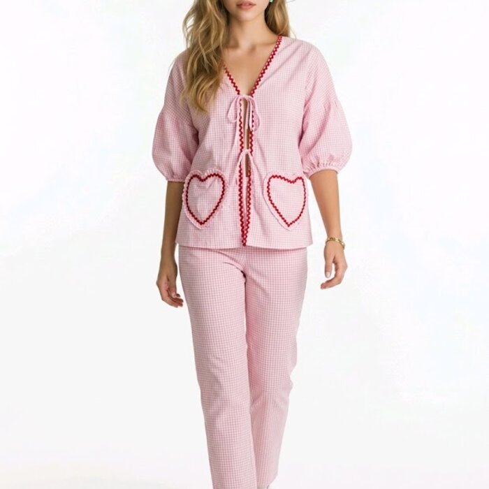 Roséline – Roze-Witte Blouse met Strik en Hartzakjes