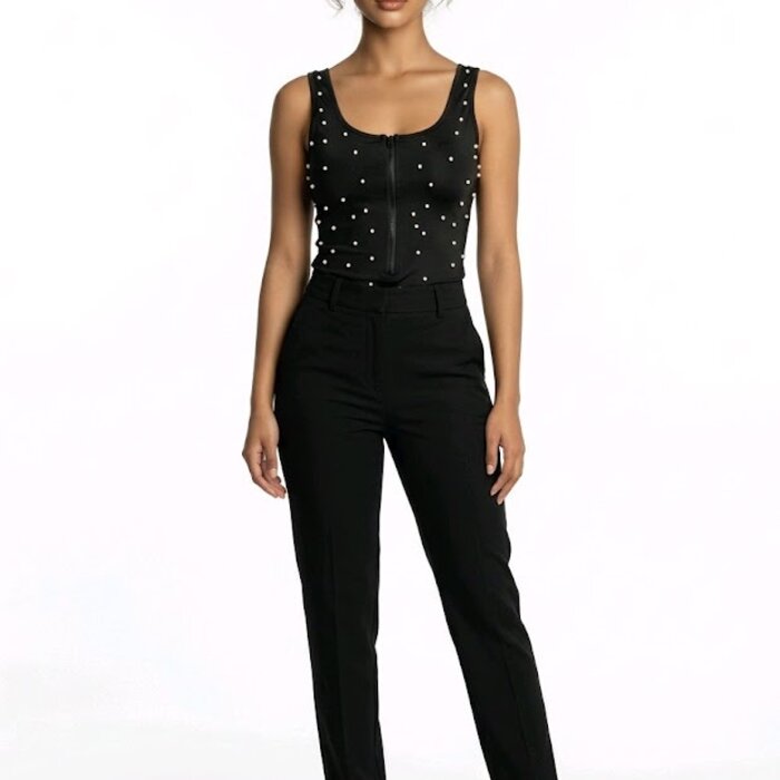 Veloura – Zwarte Bodysuit met Parelstuds en Ritssluiting