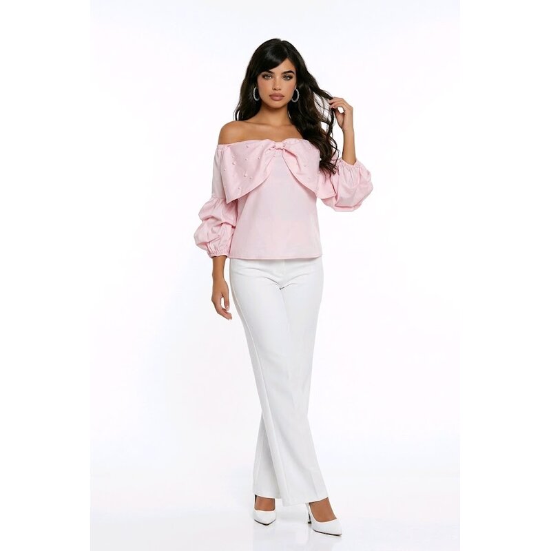 Pearlina – Off-Shoulder Top met Strik en Parels