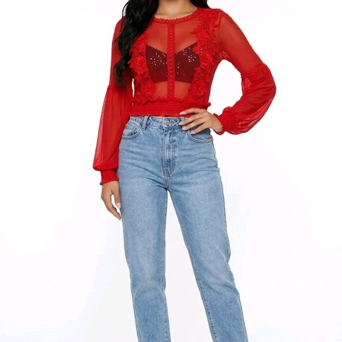 Léa  Bodysuit – Rode Transparante Kant - Bloemenpatroon