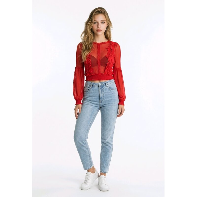 Léa  Bodysuit – Rode Transparante Kant - Bloemenpatroon