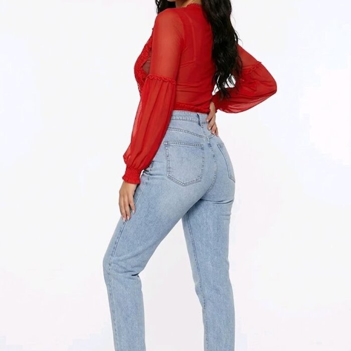 Léa  Bodysuit – Rode Transparante Kant - Bloemenpatroon