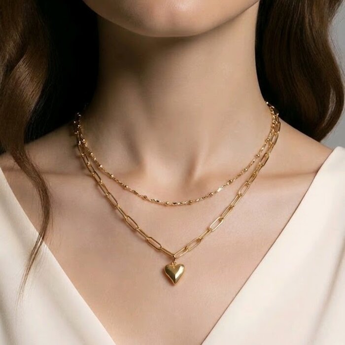 Schakel Hals Ketting - Dubbel- Hart Design - goud