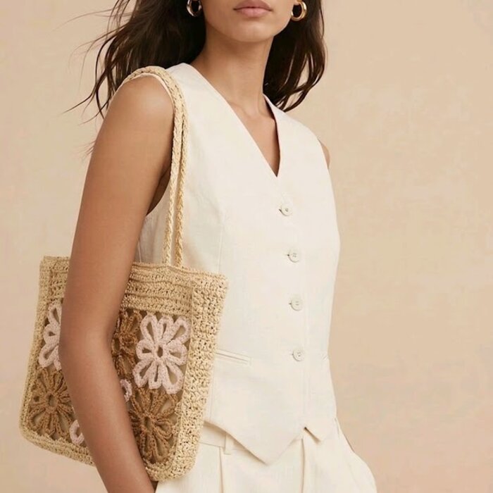 Dames duurzame - Schouder Tas -Bloemen Geweven