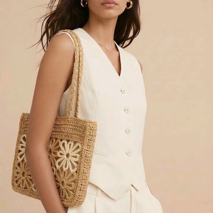 Dames duurzame - Schouder Tas -Bloemen Geweven