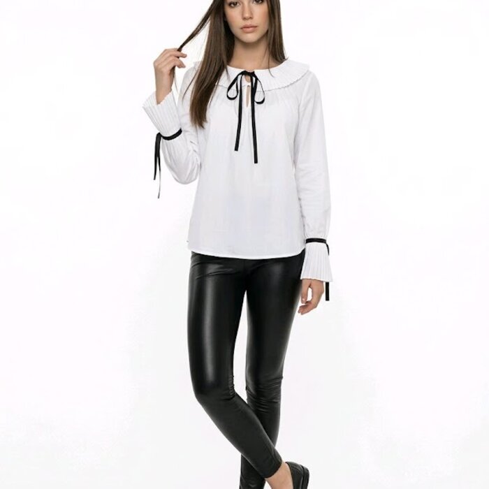 Dames Blouse -Plissédetails - Zwart Satijnen Lint