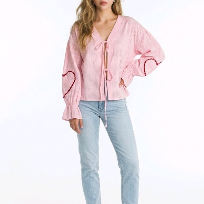 Romy | Geblokte Blouse - Hart Borduursels Knotted