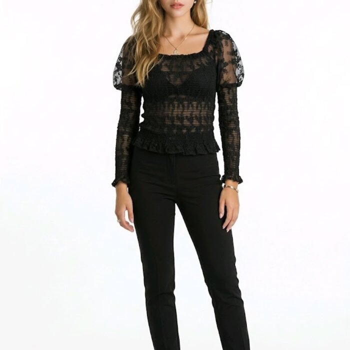 Veya – Zwarte Kanten Bodycon Top met Boothals - Pofschouders