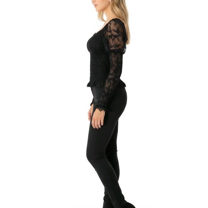 Veya – Zwarte Kanten Bodycon Top met Boothals - Pofschouders