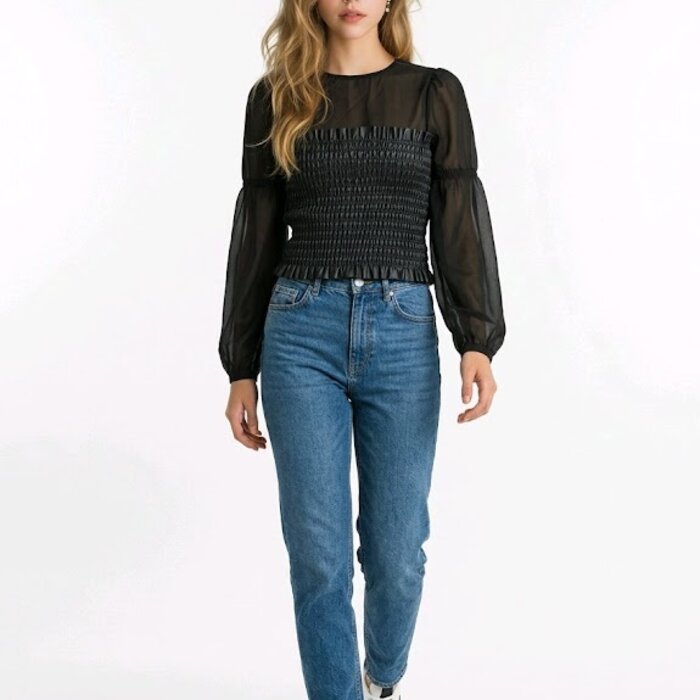 Loriva Zwarte Tule Top - Imitatieleer - Pofmouwen