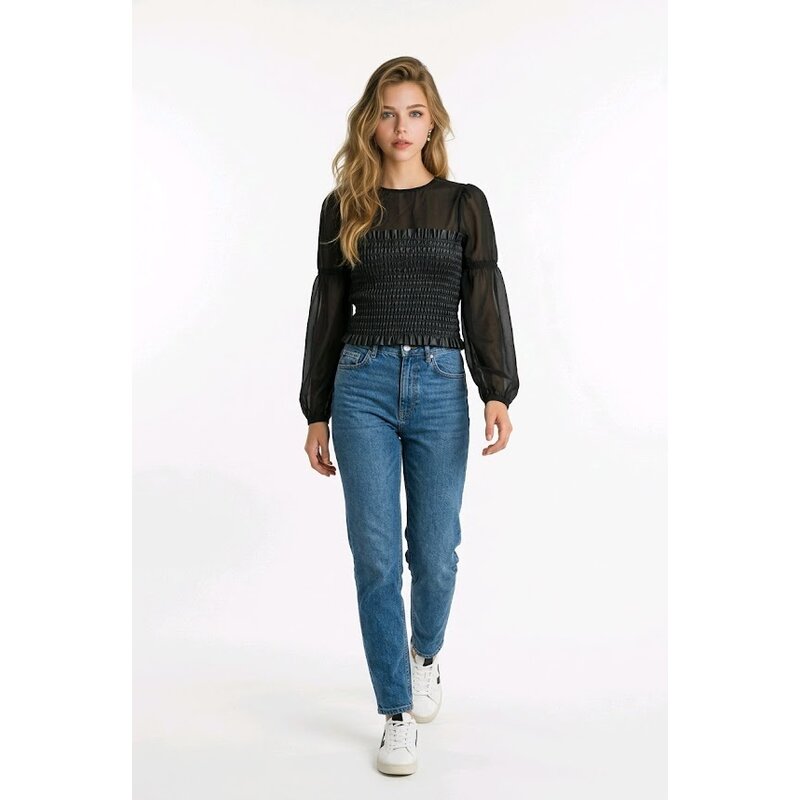 Loriva Zwarte Tule Top - Imitatieleer - Pofmouwen