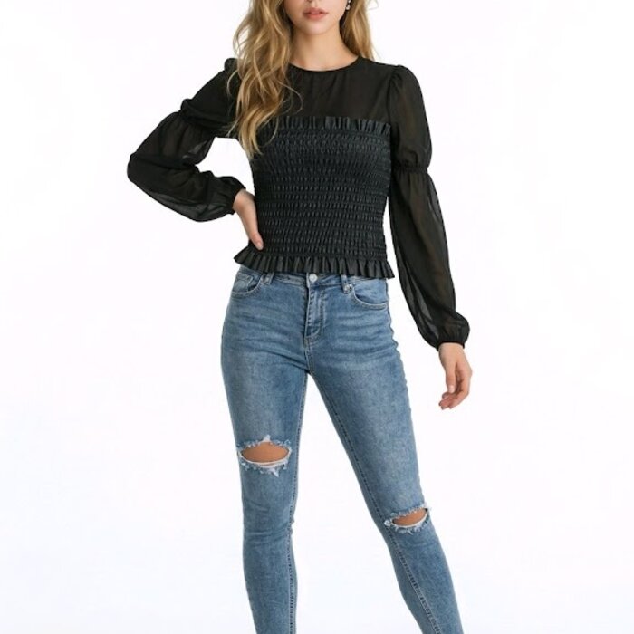 Loriva Zwarte Tule Top - Imitatieleer - Pofmouwen