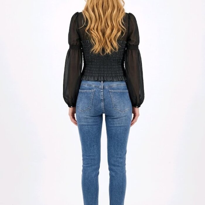 Loriva Zwarte Tule Top - Imitatieleer - Pofmouwen