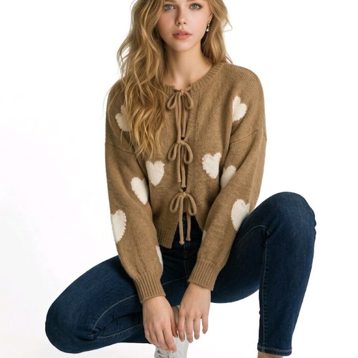 Trendy Dames Trui - Knotted - Hartdesign - Parels - Camel