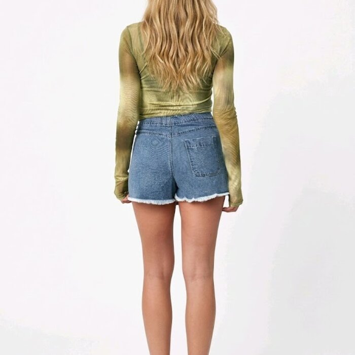 Lexi – Korte Denim Skort - Ruwe Zoom en Vetersluiting