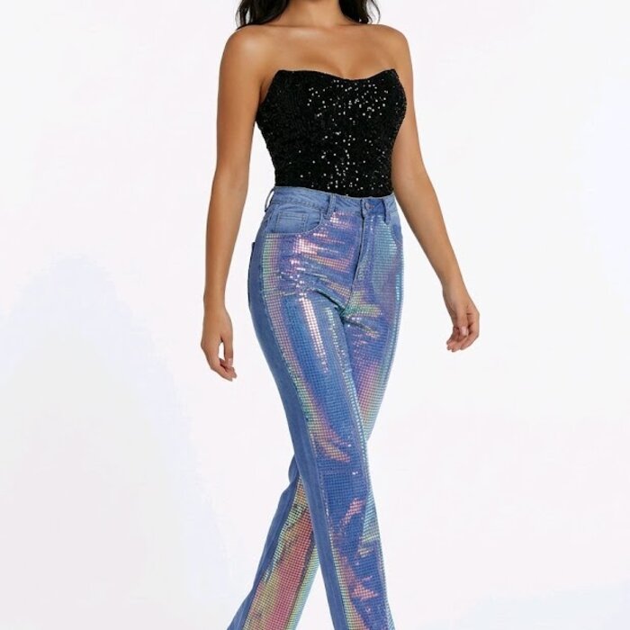 Denim Jeans - Regenboogglans  Pailletten Voorzijde - Party