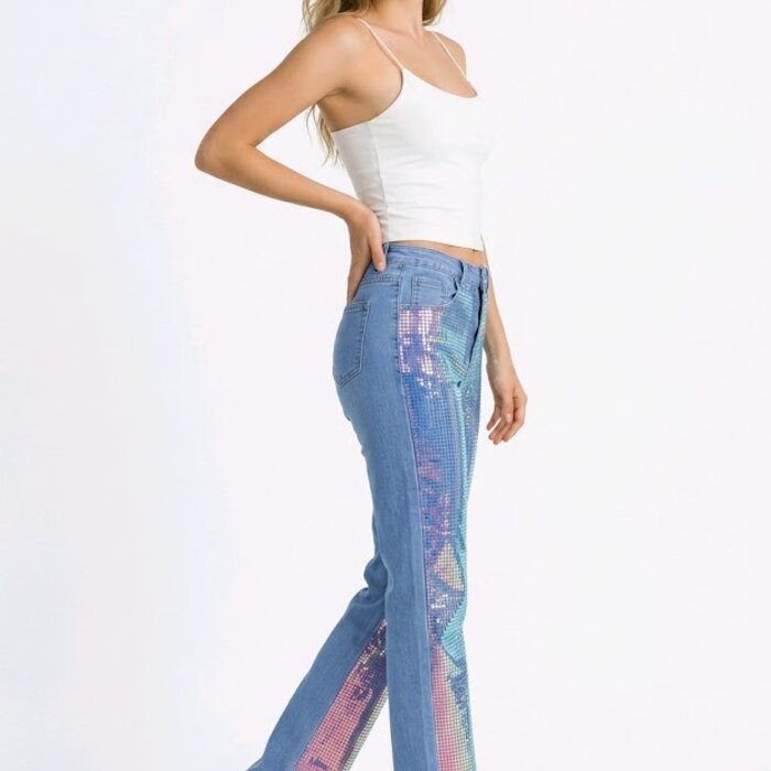 Denim Jeans - Regenboogglans  Pailletten Voorzijde - Party