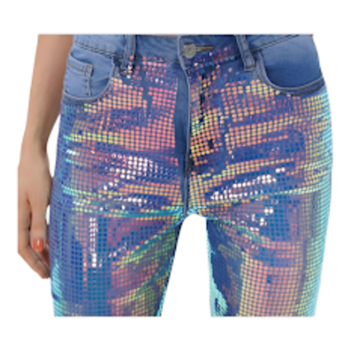 Denim Jeans - Regenboogglans  Pailletten Voorzijde - Party