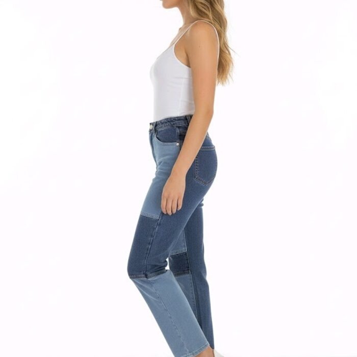 Patty -Denim broek - Contrasterende Patchwork Vakken