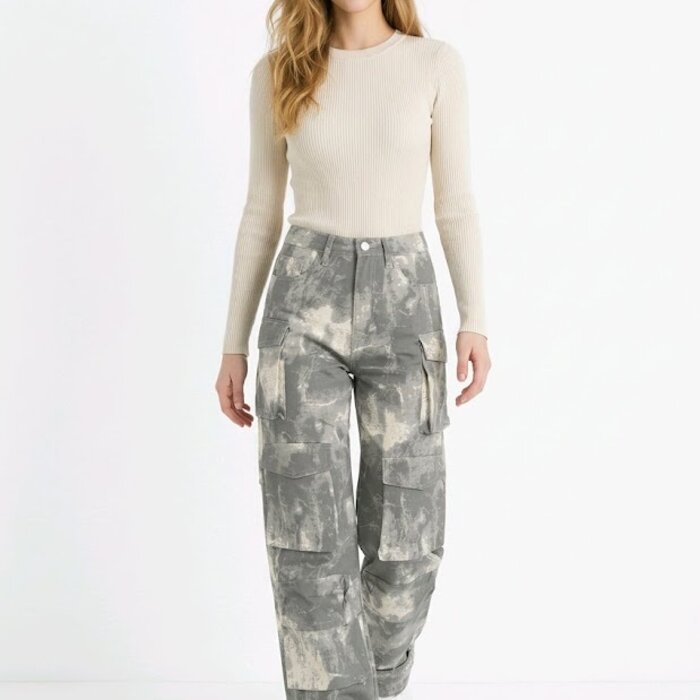 Kaia – Cargo Jeans - Grijs-Wit Vlekkenpatroon