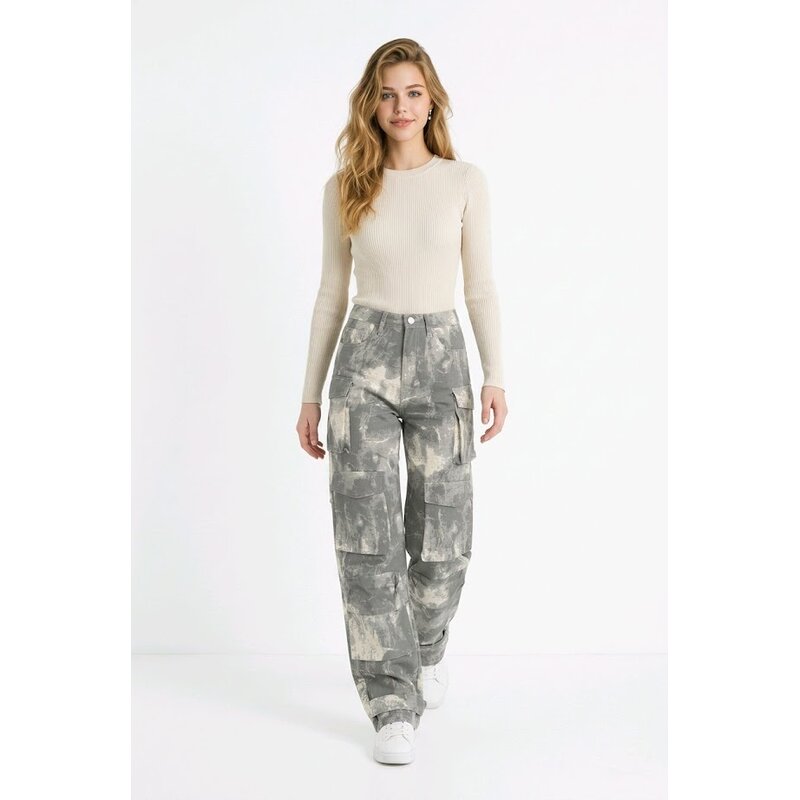 Kaia – Cargo Jeans - Grijs-Wit Vlekkenpatroon