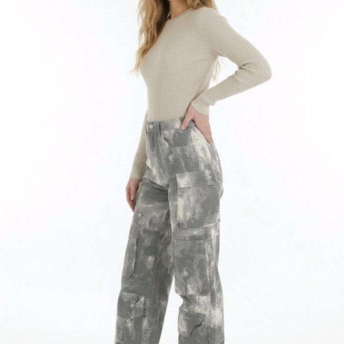 Kaia – Cargo Jeans - Grijs-Wit Vlekkenpatroon