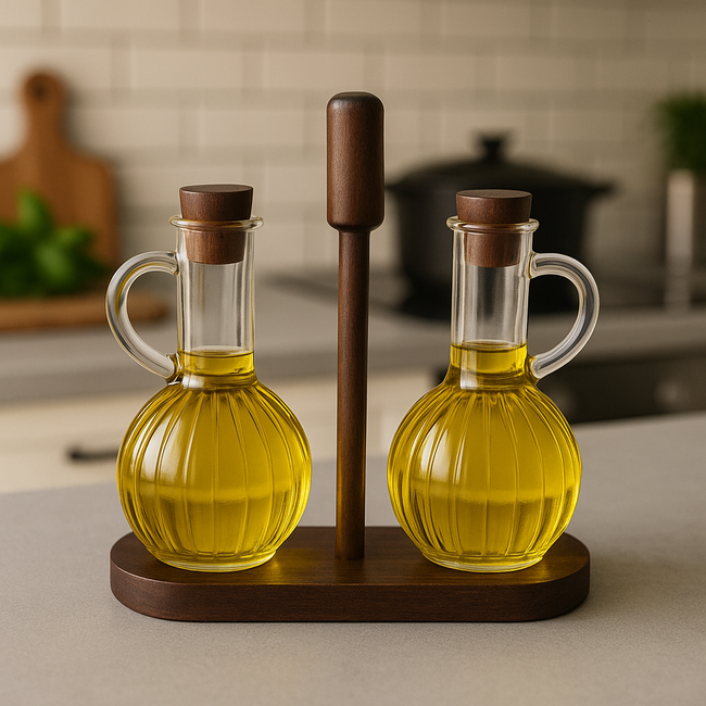 Almina | 2 Luana Con Due Olieflessen Met Acacia Houder | 2x350ml