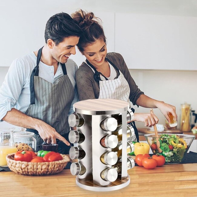 Bavary | Kruidencarousel Zilver & Houtaccenten 16 Potjes