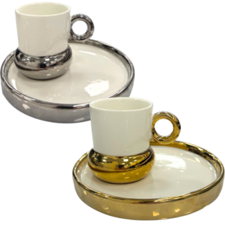 Queens Porcelain | Luxe 12-Delige Espressoset | Modern Rond Design Zilver/Goud