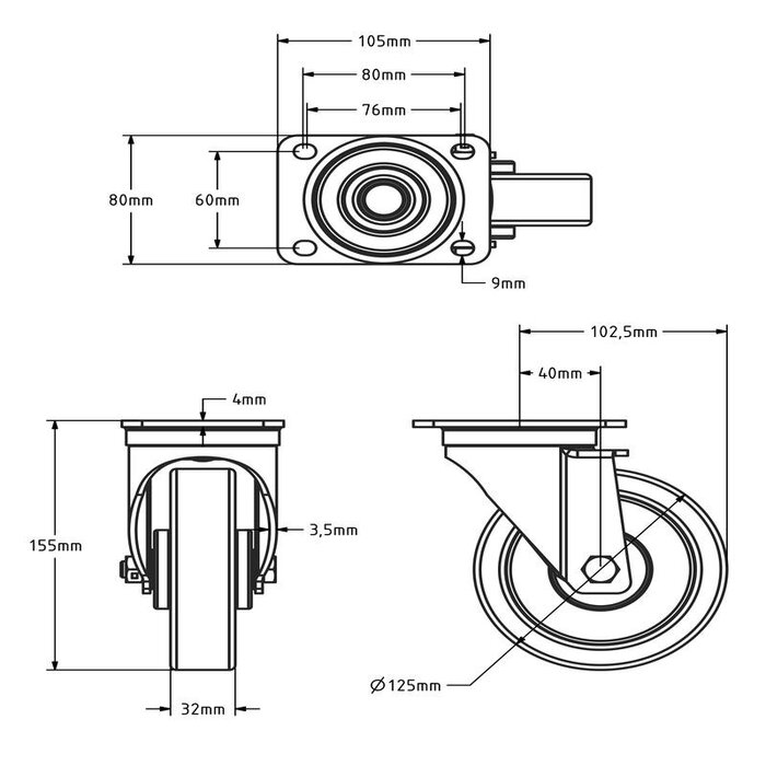 Gummihjul 125 mm - kullager - 250 kg