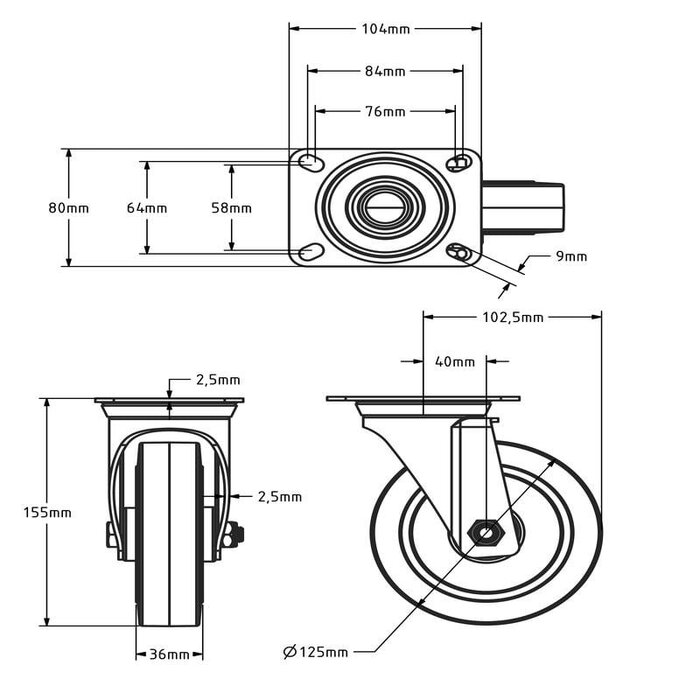 Roulette pivotante en caoutchouc 125 mm - roulement à rouleaux - 220 kg