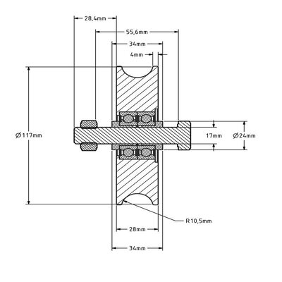 Roda ranhurada 120 mm com ranhura em U - 450 kg