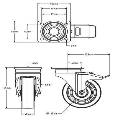 Rodízio giratório de nylon com travão 125 mm - rolamento de esferas - 700 kg