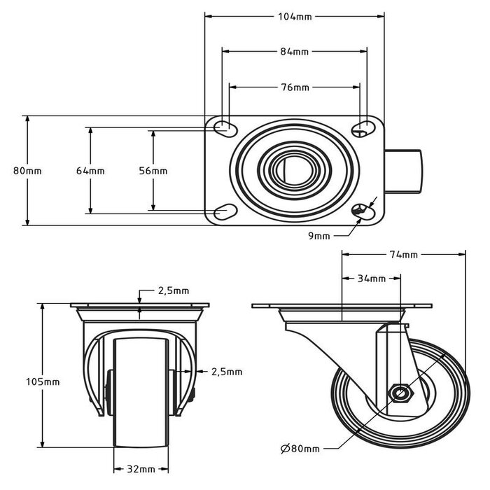 Svingbart hjul i nylon 80 mm - rullelager - 125 kg