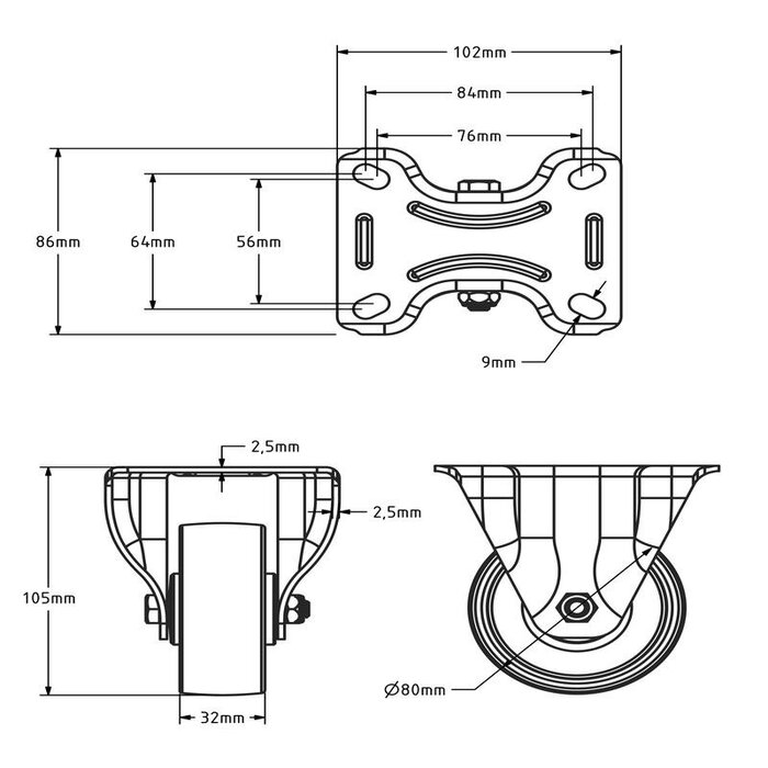 Rodízio fixo de nylon 80 mm - rolamento de rolos - 125 kg