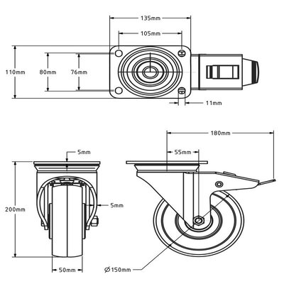 Tungt svingbart hjul i nylon med brems 150 mm - 900 kg