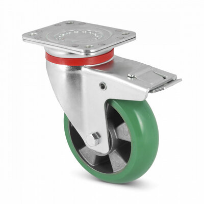 Roda giratória ergonómica em PU com travão 200 mm - reforçada - rolamento de esferas - 700 kg