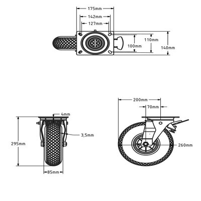 Rueda giratoria con freno y sistema antiderrame de 260 mm - PU sólido - 150 kg