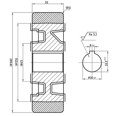 Rueda motriz de vulkollan 160x50 mm - Diámetro interior 30 mm Chavetero H7 - 750 kg