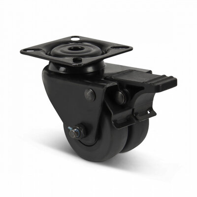 Rodízio giratório duplo preto com travão 50 mm - placa - 80 kg