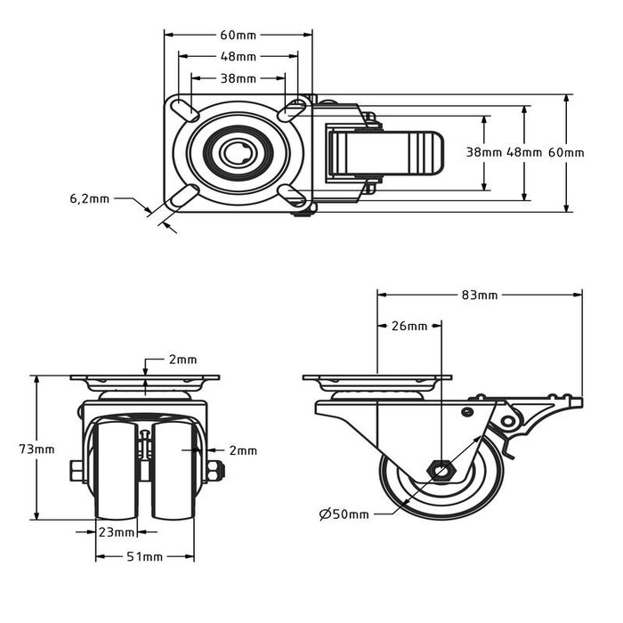 Double black swivel castor with brake 50 mm - plate - 80 kg