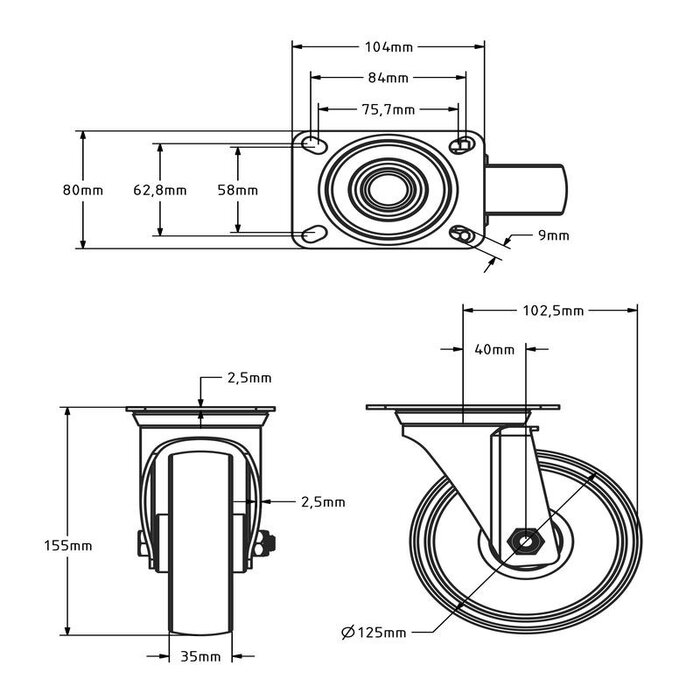 Nylon drejehjul 125 mm - rulleleje - 200 kg