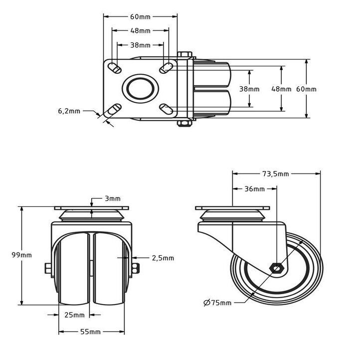 Dobbelt sort drejehjul 75 mm - plade - 100 kg
