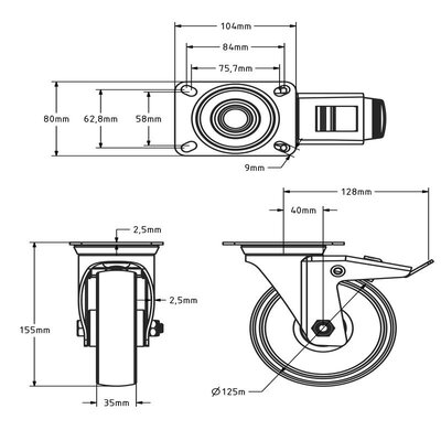 Roda giratória de nylon com travão 125 mm - rolamento de rolos - 200 kg