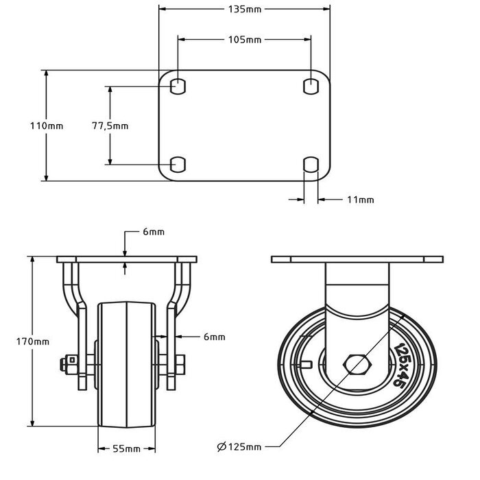 Fast länkhjul av gjuten nylon 125 mm - 2000 kg