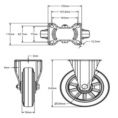 Ruota fissa in gomma 200 mm - cuscinetto a sfere - 450 kg