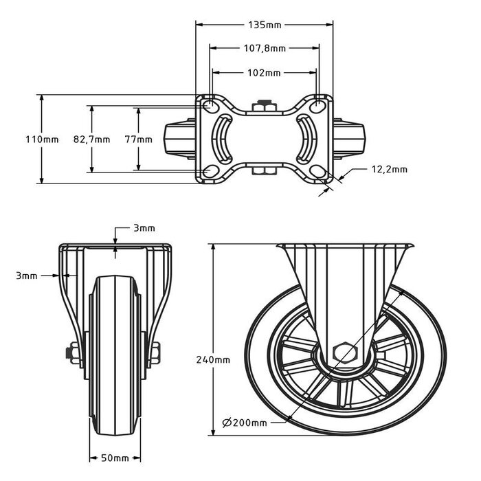 Rueda fija de goma de 200 mm - cojinete de bolas - 450 kg