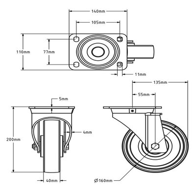 Tungt svingbart hjul i rustfritt stål 160 mm - Nylon - 700 kg