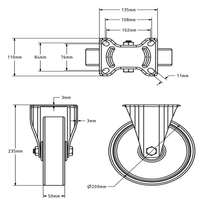Rodízio fixo PU 200 mm - 400 kg