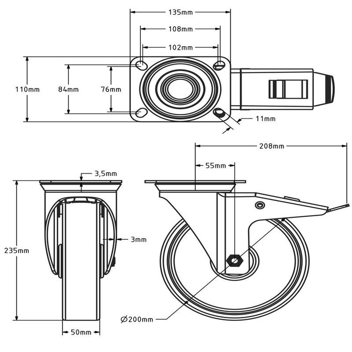 Roulette pivotante en PU avec frein 200 mm - roulement à rouleaux - 400 kg